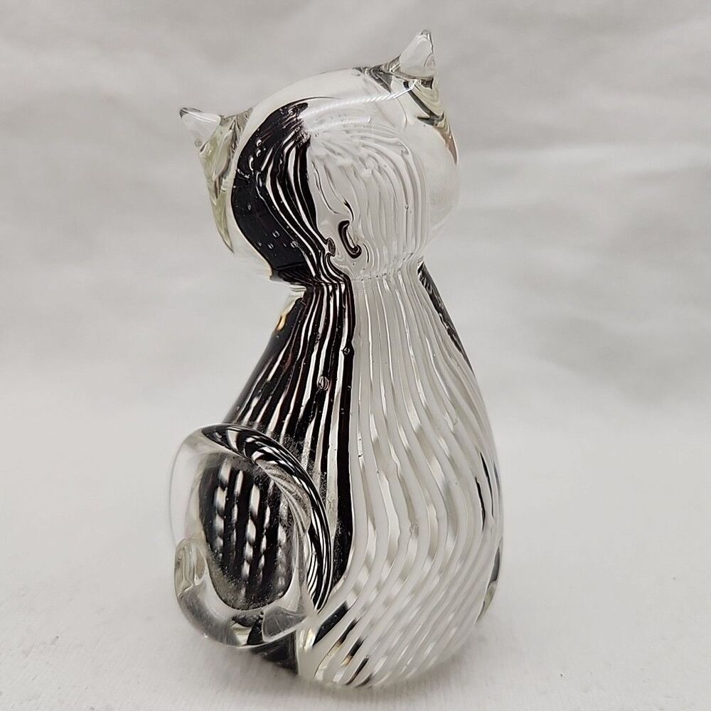 Paperweight Cat GlassFigurine Clear With Black & White Swirl 4.25” Machined VTG